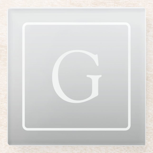 Subtle Light Grey Gradient Surname Monogram  Glass Coaster (Front)