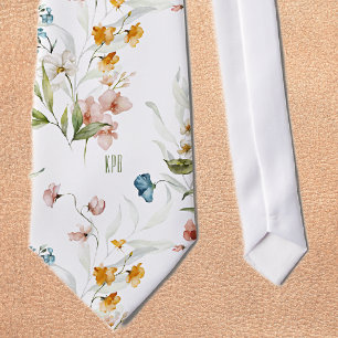 Subtle Monogram Colourful Floral on White Necktie