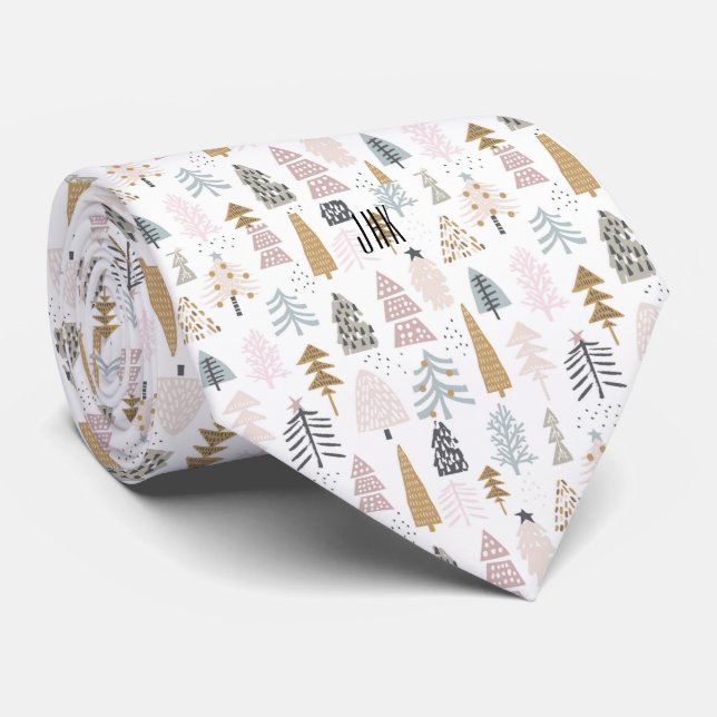 Subtle Monogram Rustic Christmas Tree Pattern Tie (Rolled)