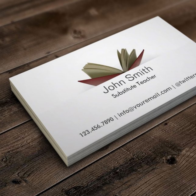 Subtle Open Book Substitute Teacher Business Card (Creator Uploaded)