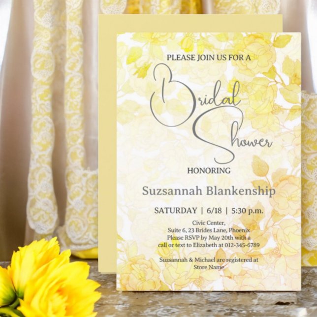 Subtle Pastel Floral Background Bridal Shower  Invitation (Front & Back Design Examples for yellow floral bridal shower invitation.)