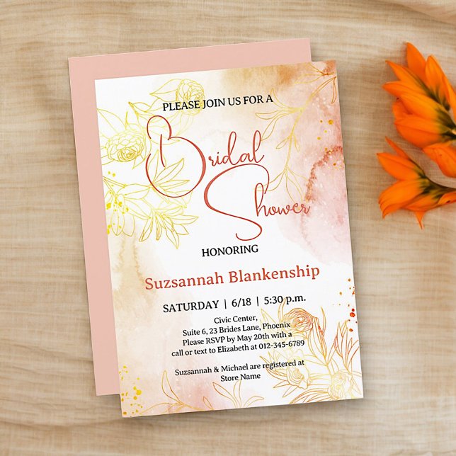 Subtle Pastel Floral Background Bridal Shower  Invitation (Front template bridal shower design with solid orange pastel back. )