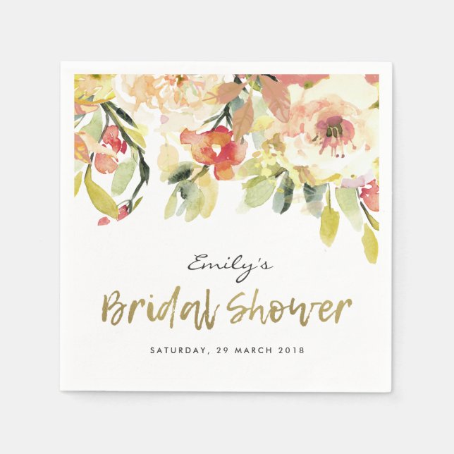 SUBTLE PEACH PINK WATERCOLOR FLORAL BRIDAL SHOWER NAPKIN (Front)