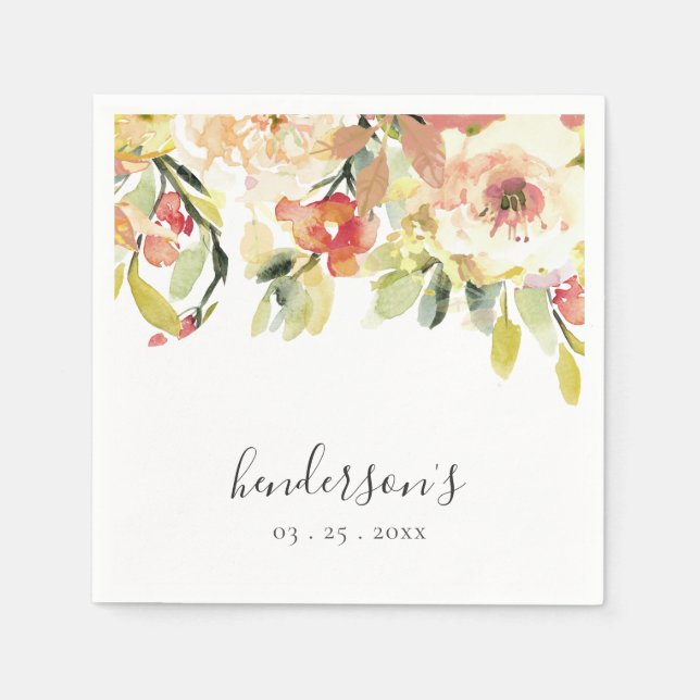 SUBTLE PEACH PINK WATERCOLOR FLORAL PERSONALIZED NAPKIN (Front)