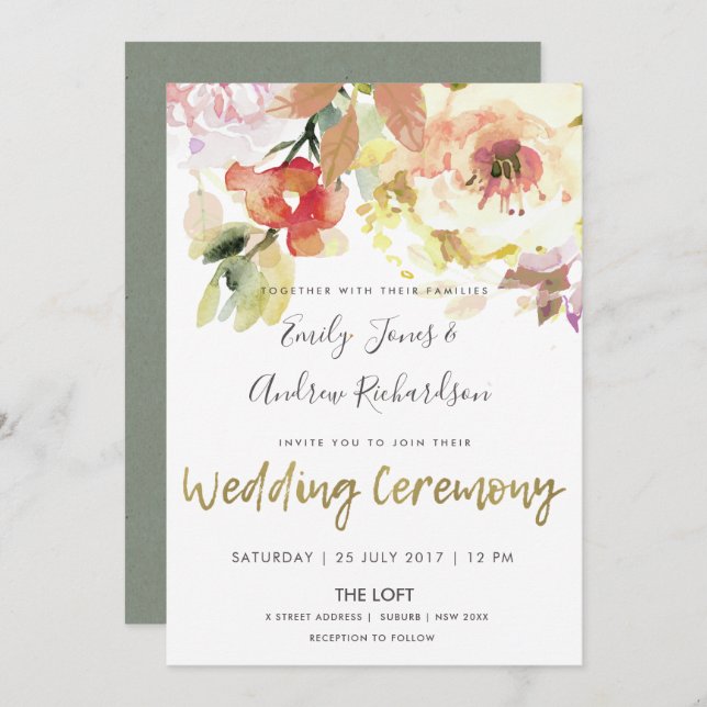 SUBTLE PEACH PINK WATERCOLOR FLORAL WEDDING INVITATION (Front/Back)