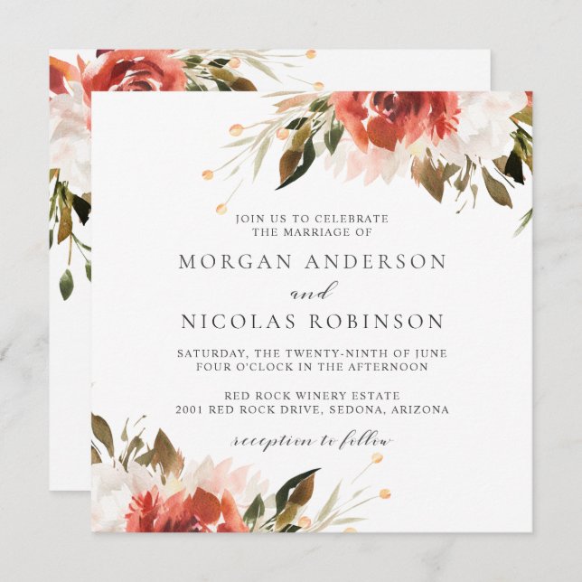 Subtle Red and White Floral Bouquet Wedding Invitation (Front/Back)