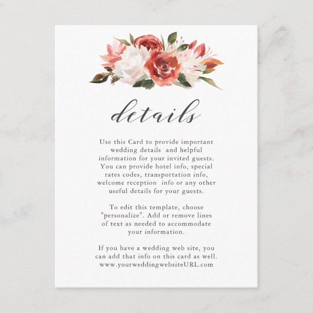 Subtle Red and White Floral Wedding Details Enclosure Card (Front)