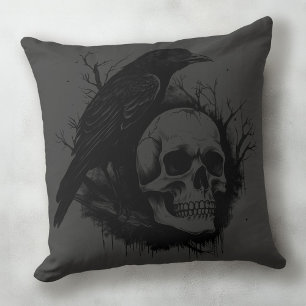 Subtle skull and crow black grey Halloween Cushion