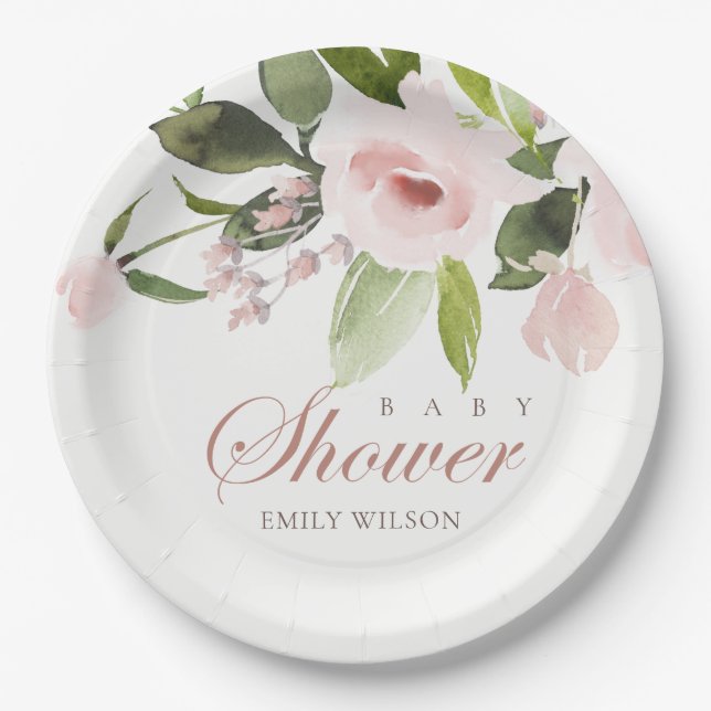 SUBTLE SOFT BLUSH PINK ROSE FLORAL BABY SHOWER PAPER PLATE (Front)
