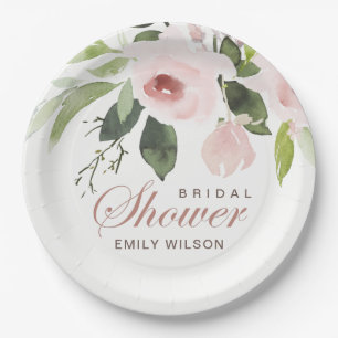 SUBTLE SOFT BLUSH PINK ROSE FLORAL BRIDAL SHOWER PAPER PLATE