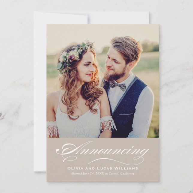 Subtle Taupe Calligraphy Photo Reception Invitation (Front)