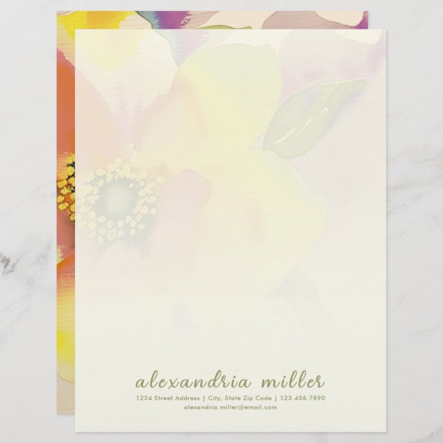 Subtle Watercolor Floral Letterhead Stationery (Front/Back)