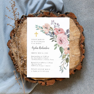 Subtle Watercolor Roses   Baptism with Gold Cross Invitation