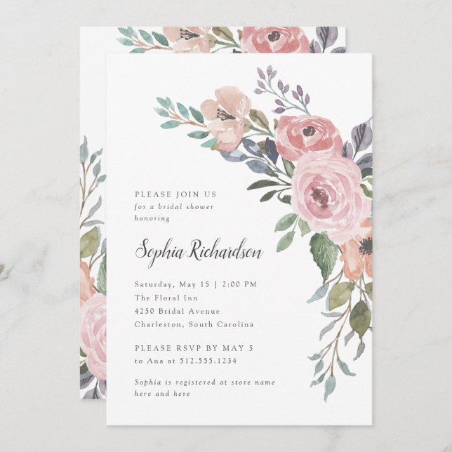 Subtle Watercolor Roses | Bridal Shower Invitation (Front/Back)