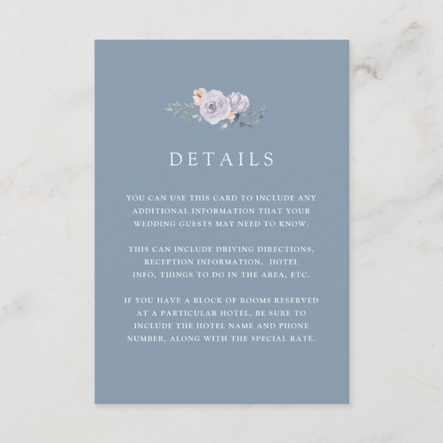 Subtle Watercolor Roses | Dusty Blue Guest Details Enclosure Card (Front)