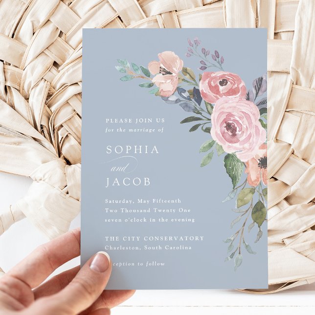Subtle Watercolor Roses | Light Blue Wedding Invitation (A pretty floral spring wedding invitation)