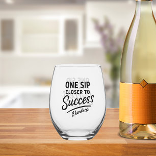 Success motivational quote black stemless wine glass
