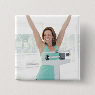 Successful weight loss. Happy woman weighing 15 Cm Square Badge