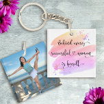 Successful Woman Pink Watercolor Typography Photo Key Ring<br><div class="desc">“Behind every successful woman is herself.” So who needs Prince Charming? Make your own “happily ever after” and embrace “girl power” whenever you use this stylish, colourful inspirational feminist acrylic keychain with sweet black handwritten script typography overlaying a yellow, peach, pink and purple ombre watercolor splash and your special photo...</div>