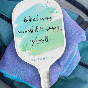 Successful Woman Quote Blue Watercolor Monogram Pickleball Paddle