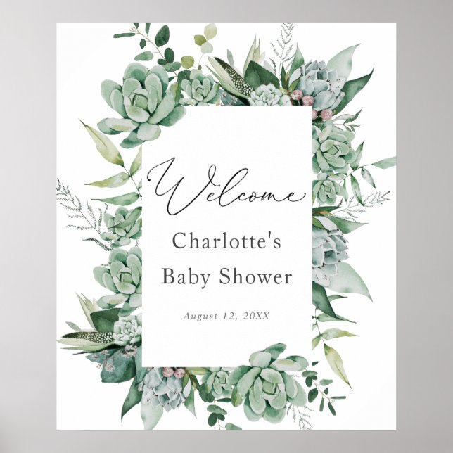 Succulent and Eucalyptus Baby Shower Welcome Poster (Front)