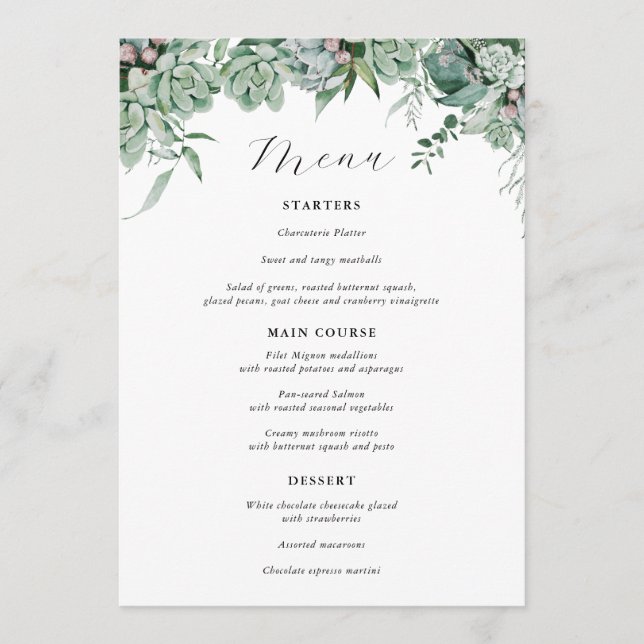 Succulent and Eucalyptus Greenery Wedding Menu (Front)