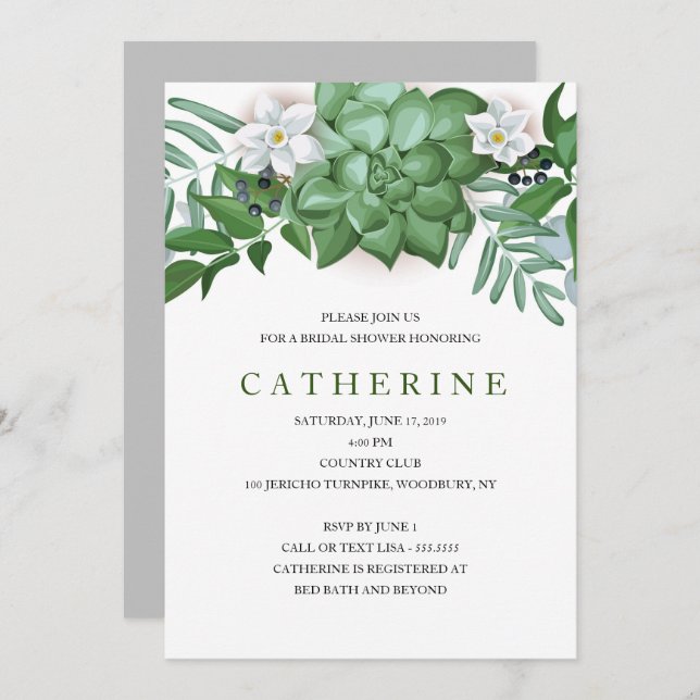 Succulent and floral Bridal Shower Invitation (Front/Back)