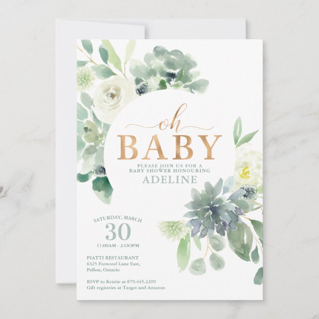 Succulent and Greenery Baby Shower Invitation (Front)