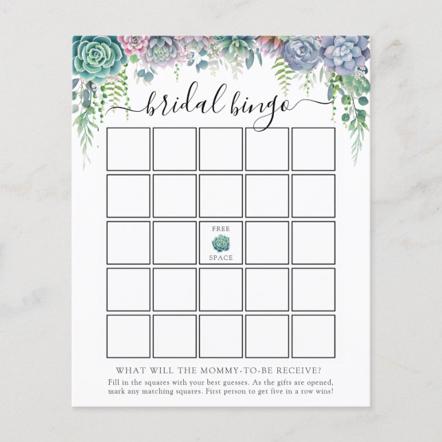 Succulent and Greenery Bridal Bingo Game Card (Front)