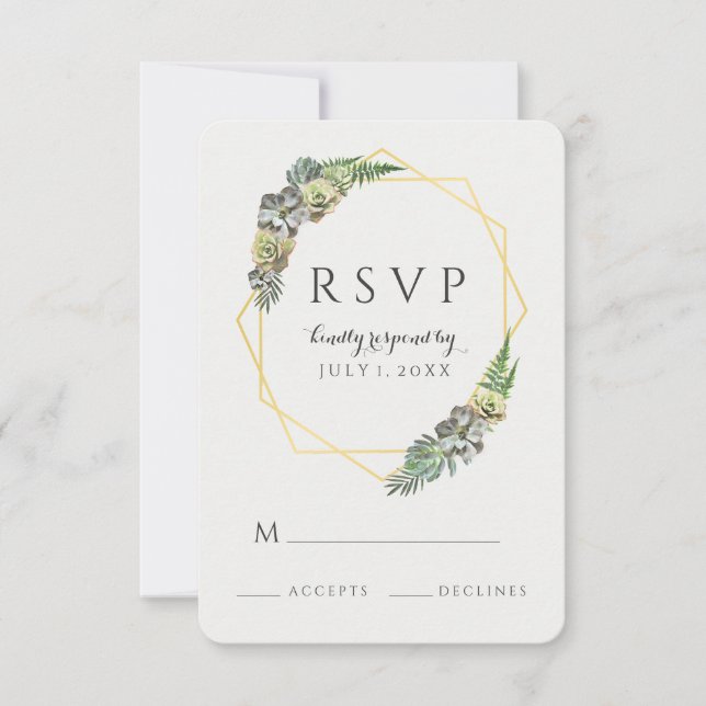 Succulent and Greenery Gold Geometric RSVP Card (Front)