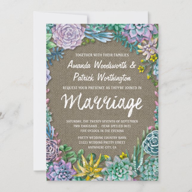 Succulent and Rustic Burlap Wedding Invitations (Front)