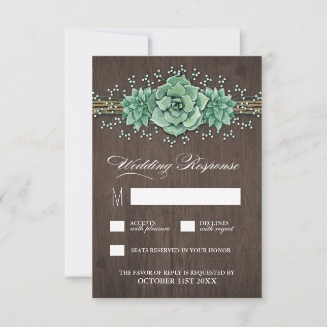 Succulent Baby's Breath Rustic Wedding RSVP Cards (Front)