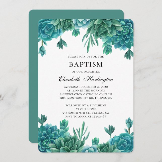 Succulent baptism. Watercolor mint cactus. Cacti Invitation (Front/Back)