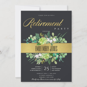 SUCCULENT BLACK GOLD WATERCOLOR WREATH RETIREMENT INVITATION