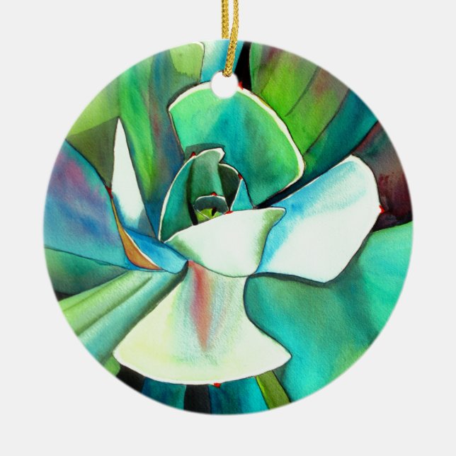 Succulent blue and green desert watercolour art ceramic tree decoration (Front)
