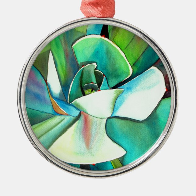 Succulent blue and green desert watercolour art metal tree decoration (Front)