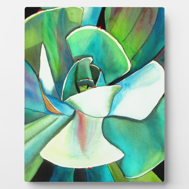 Succulent blue and green desert watercolour art plaque (Front)