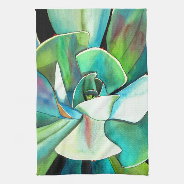 Succulent blue and green desert watercolour art tea towel (Vertical)