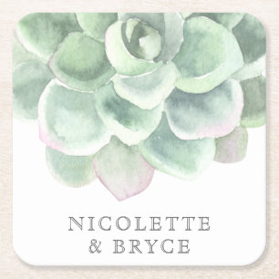 Succulent Botanical Sage Green Watercolor  Wedding Square Paper Coaster