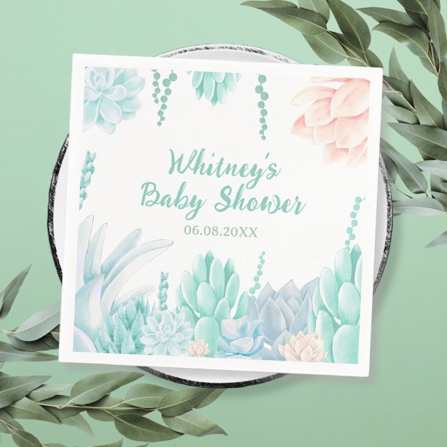 Succulent Botanical Watercolor Boy Baby Shower Napkin (Succulent Botanical Watercolor Boy Baby Shower Napkins)