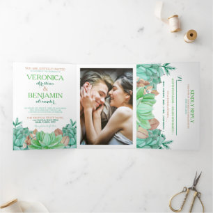 Succulent Bouquet Botanical Floral Wedding Suite Tri-Fold Invitation