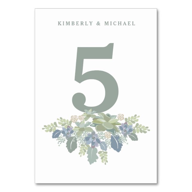 Succulent Bouquet Floral Wedding Table Number Card (Front)