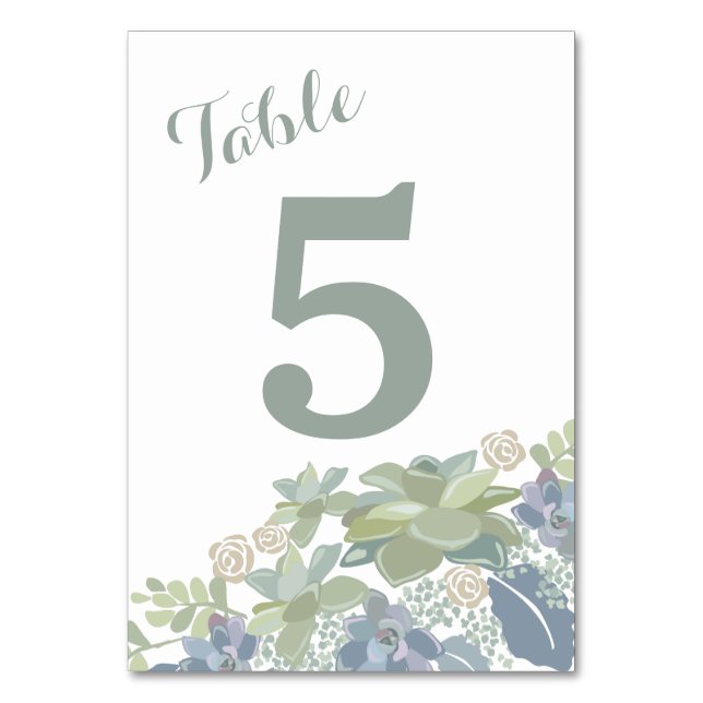 Succulent Bouquet Floral Wedding Table Number Card (Front)