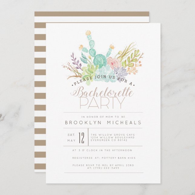 Succulent Bouquet | Watercolor Bachelorette Party Invitation (Front/Back)