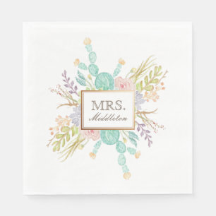 Succulent Bouquet Watercolor   Custom Name Napkin