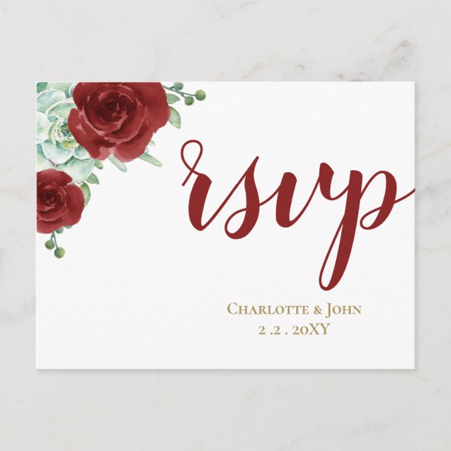 succulent burgundy gold floral wedding rsvp invitation postcard (Front)