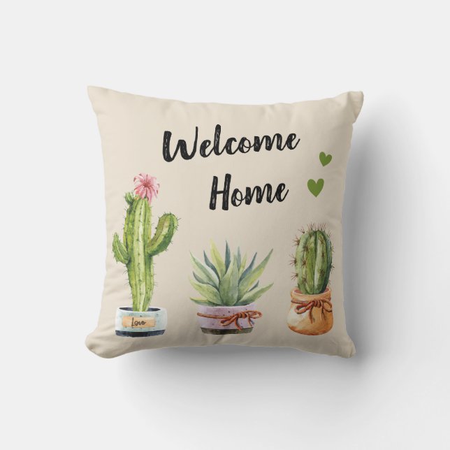 Succulent Cacti Green Cactus Gardener Welcome Home Cushion (Front)