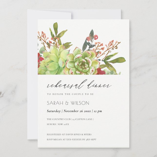 Succulent Cacti Red Flora Rehearsal Dinner  Invite (Front)