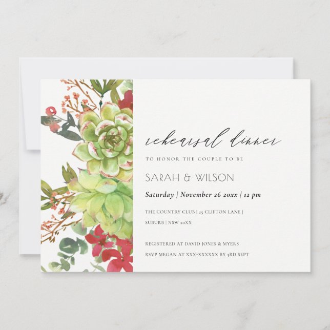 Succulent Cacti Red Flora Rehearsal Dinner  Invite (Front)