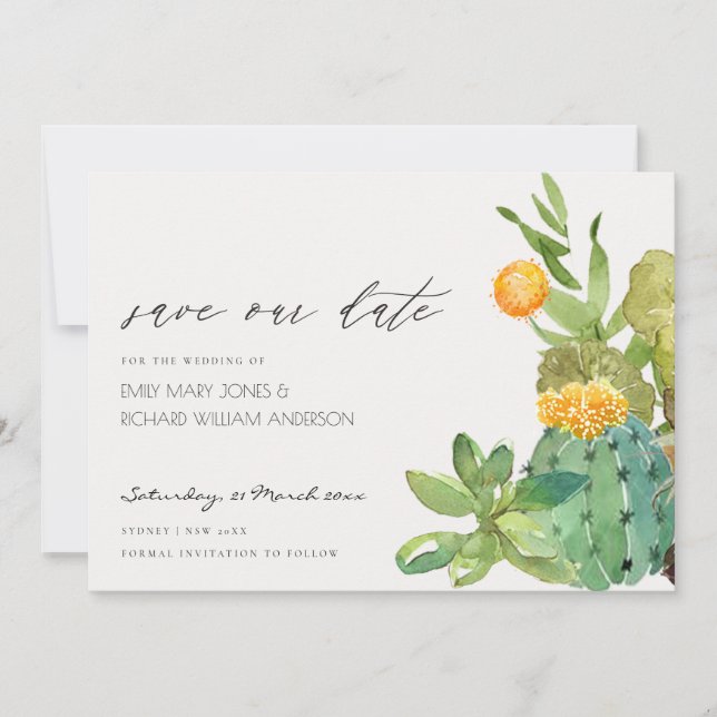 Succulent Cacti Yellow Fauna Save the Date Invite (Front)